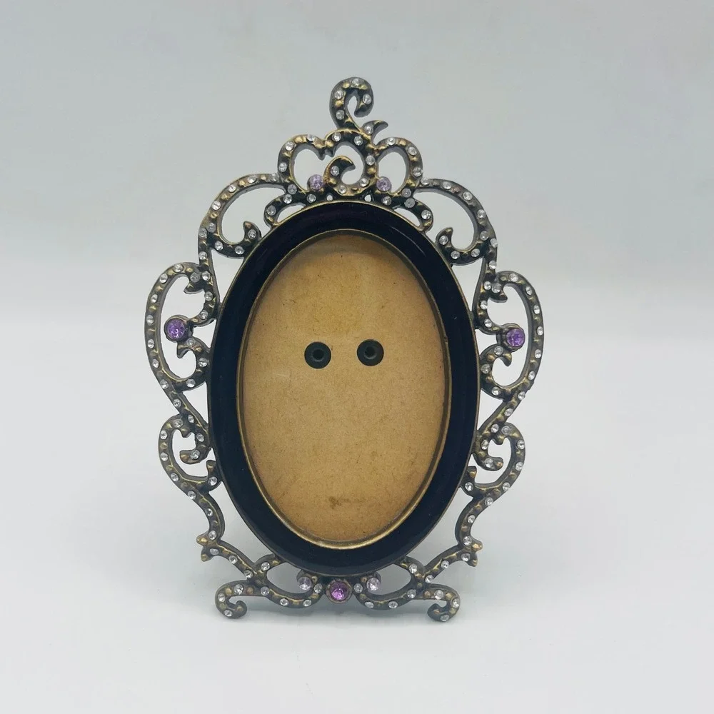 Vintage Style Ornate Oval Picture Frame Purple Enamel Rhinestone Gold Tone 3x2